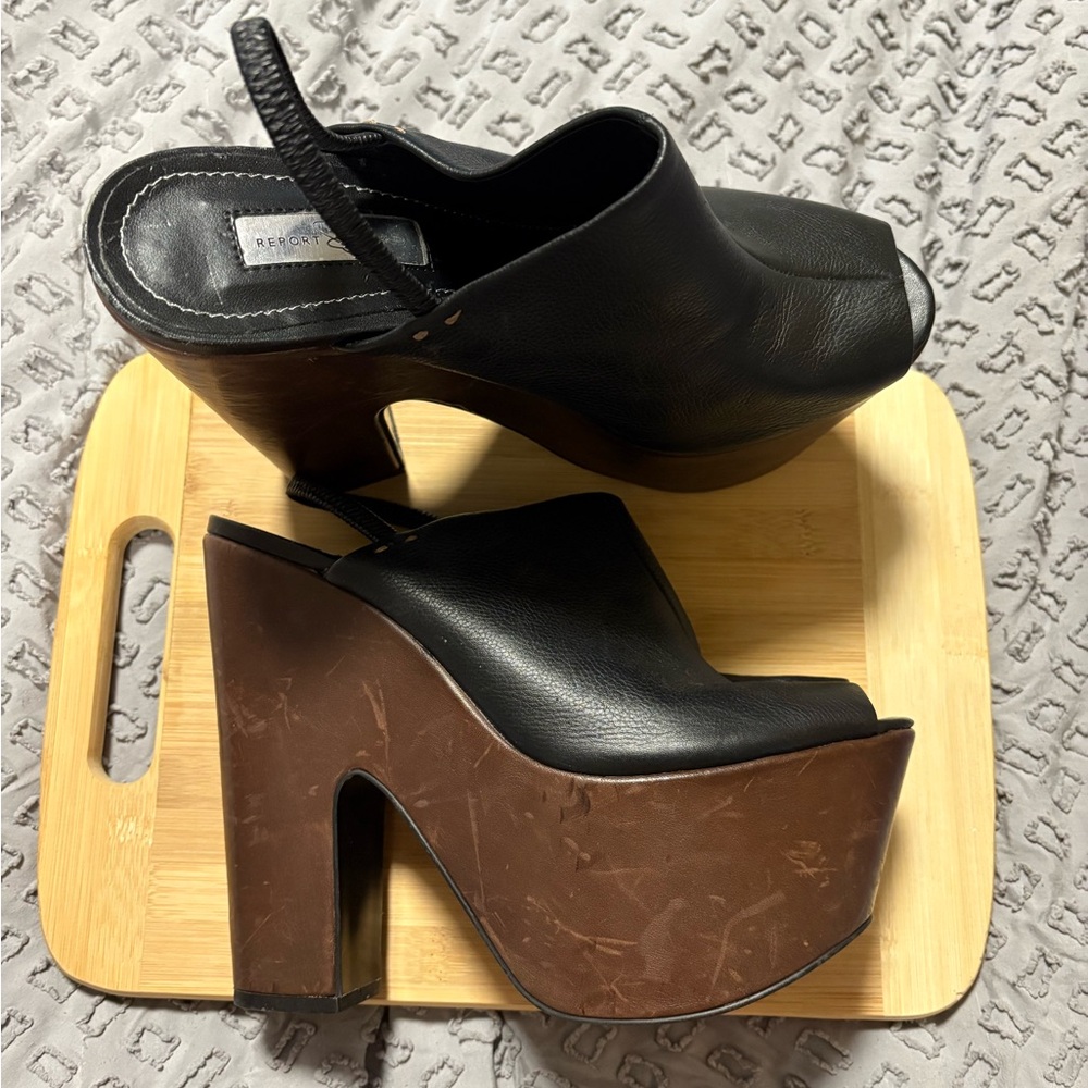 Report Signature Sigsbee 70s Platform Black/Brown Peep Toe Size 8.5